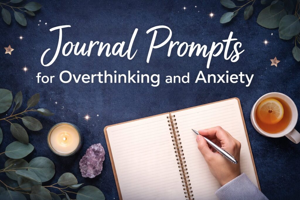 Journal prompts for overthinking and anxiety featured image with dark blue background, open notebook, pen, candle, and calming elements for mental health journaling and stress relief