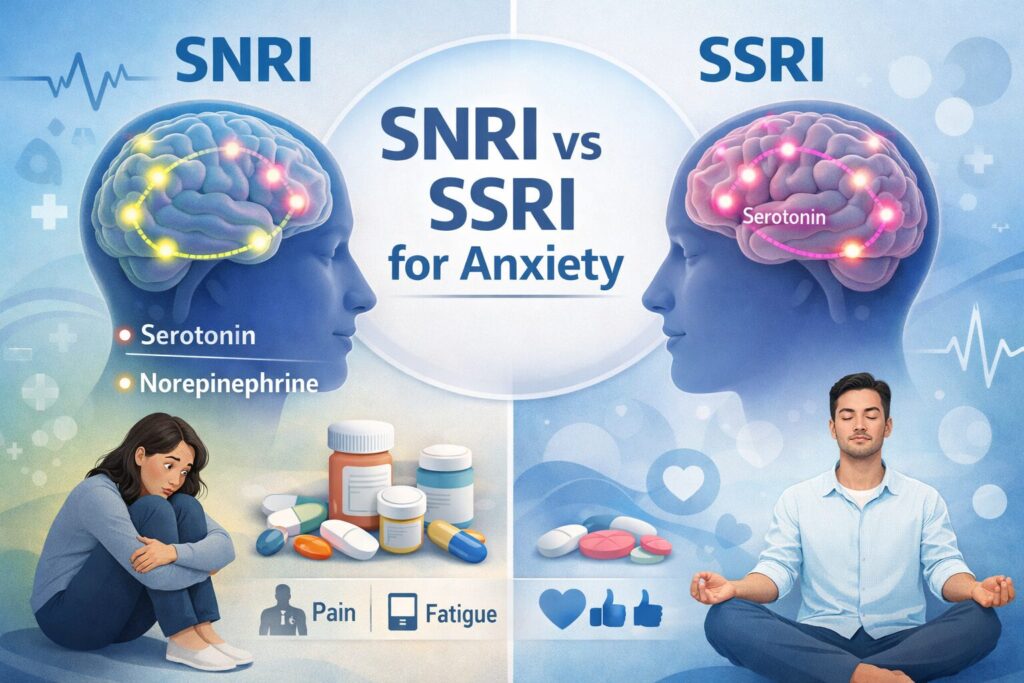 Illustration comparing SNRI vs SSRI for anxiety, showing how SNRIs affect serotonin and norepinephrine while SSRIs focus on serotonin, with visual differences in anxiety symptoms, medication types, and emotional response in 2026