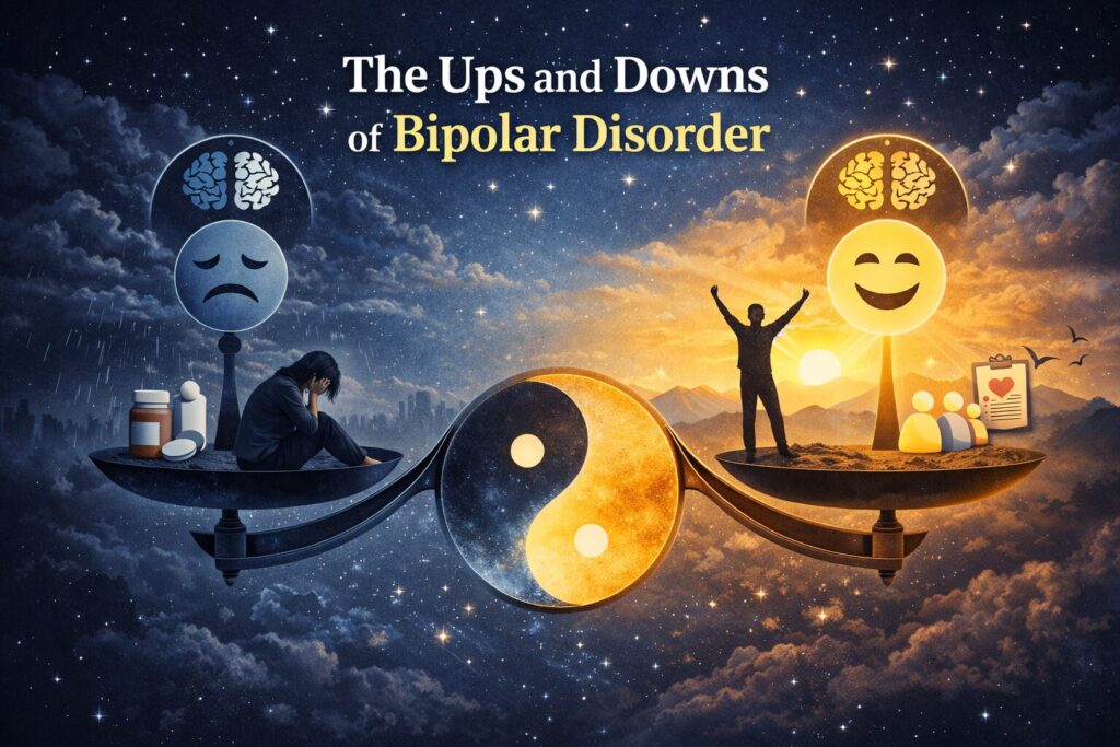Illustration showing the ups and downs of bipolar disorder with a dark blue background, contrasting depressive and manic episodes, emotional balance, mental health support, and mood stability concepts.