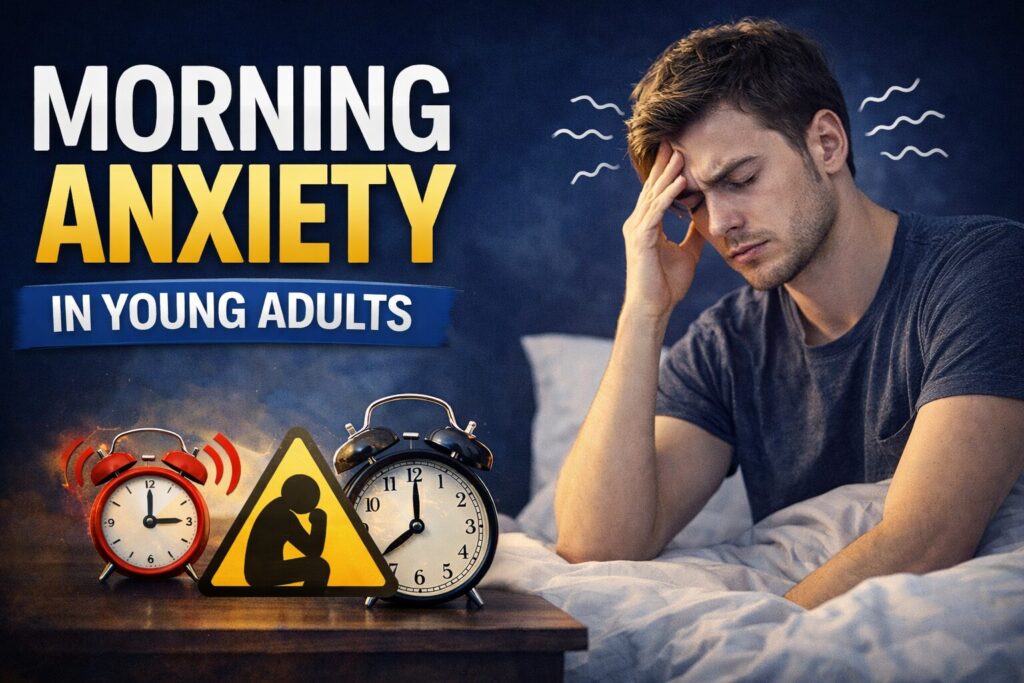 Young adult man sitting in bed with morning anxiety, holding his head after waking up anxious against a navy blue background