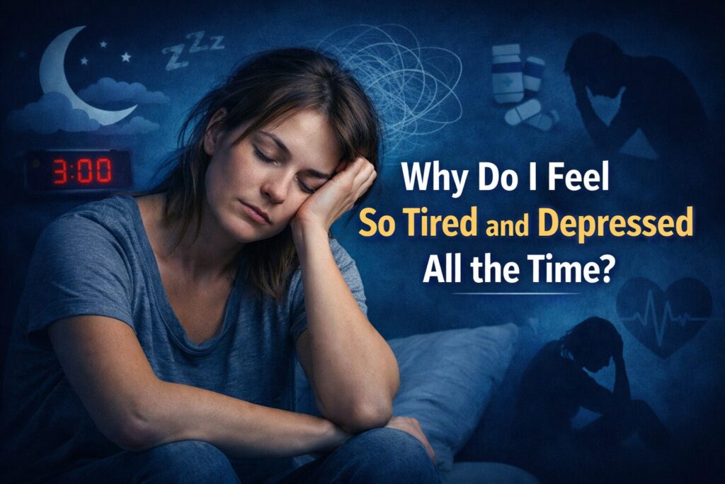 Person experiencing constant fatigue and depression on a dark blue background, illustrating why someone feels tired and depressed all the time and common mental health symptoms