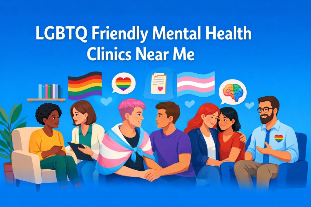 LGBTQ friendly mental health clinics near me illustration showing inclusive, affirming mental health support on a bright blue background
