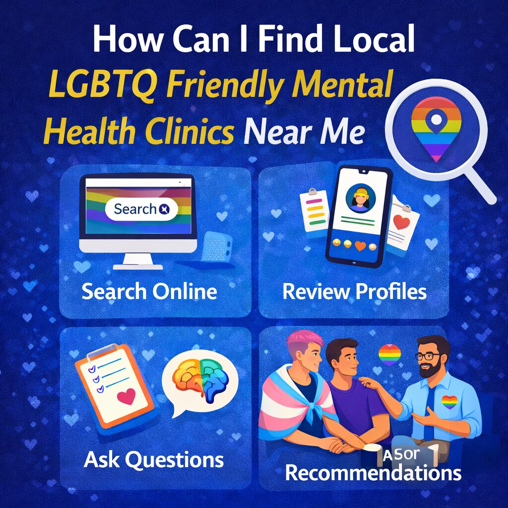 Infographic showing how to find local LGBTQ friendly mental health clinics near me with inclusive care steps and affirming support icons