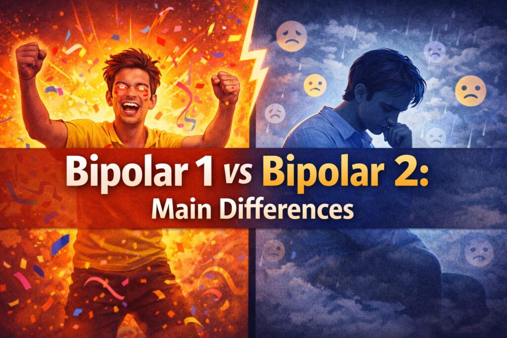 Bipolar 1 vs Bipolar 2 comparison image showing intense manic symptoms on the Bipolar 1 side with red tones and hypomania and depressive features on the Bipolar 2 side with dark blue tones