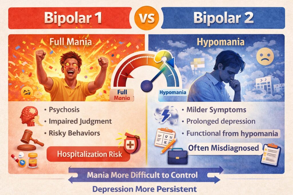 Wide horizontal infographic comparing Bipolar 1 and Bipolar 2, highlighting full mania symptoms, psychosis risk, and hospitalization in Bipolar 1 versus hypomania, persistent depression, and misdiagnosis risk in Bipolar 2