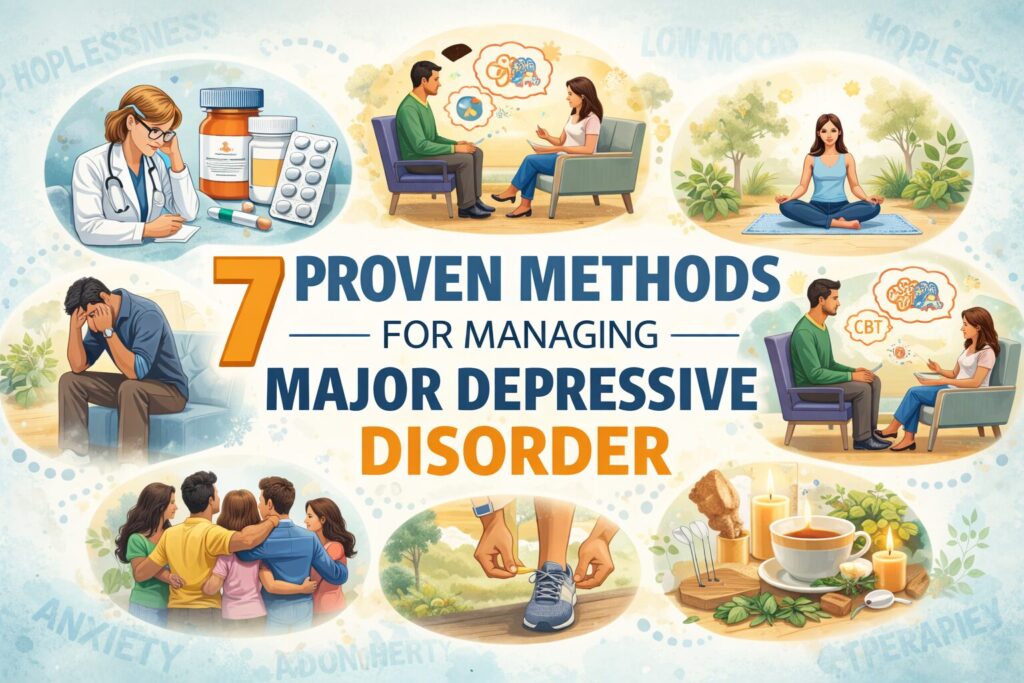 illustrating seven proven methods for managing major depressive disorder, including therapy, medication, mindfulness, exercise, social support, and self care, presented in a clear mental health education layout