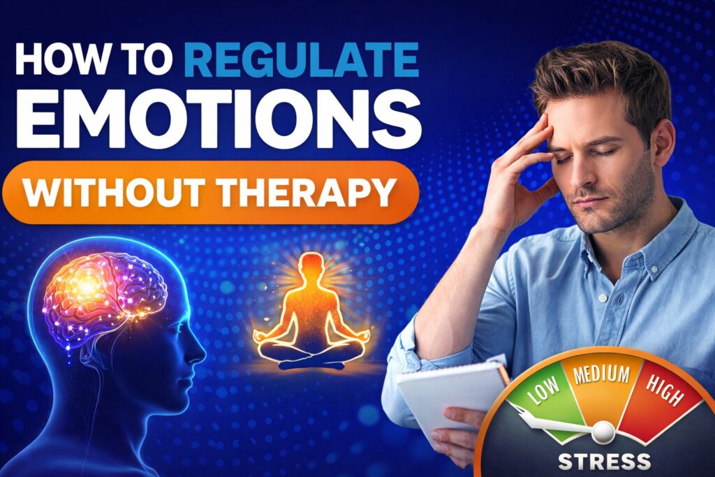 Man practicing emotional regulation techniques without therapy, featuring a calm meditation figure, brain illustration, and stress level gauge on a dark blue background.