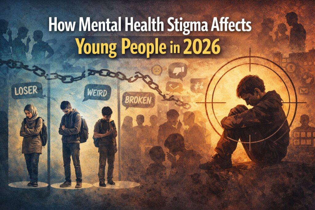 Mental health stigma affecting young people in 2026, showing teens feeling isolated, judged, and emotionally distressed due to social pressure and stigma.