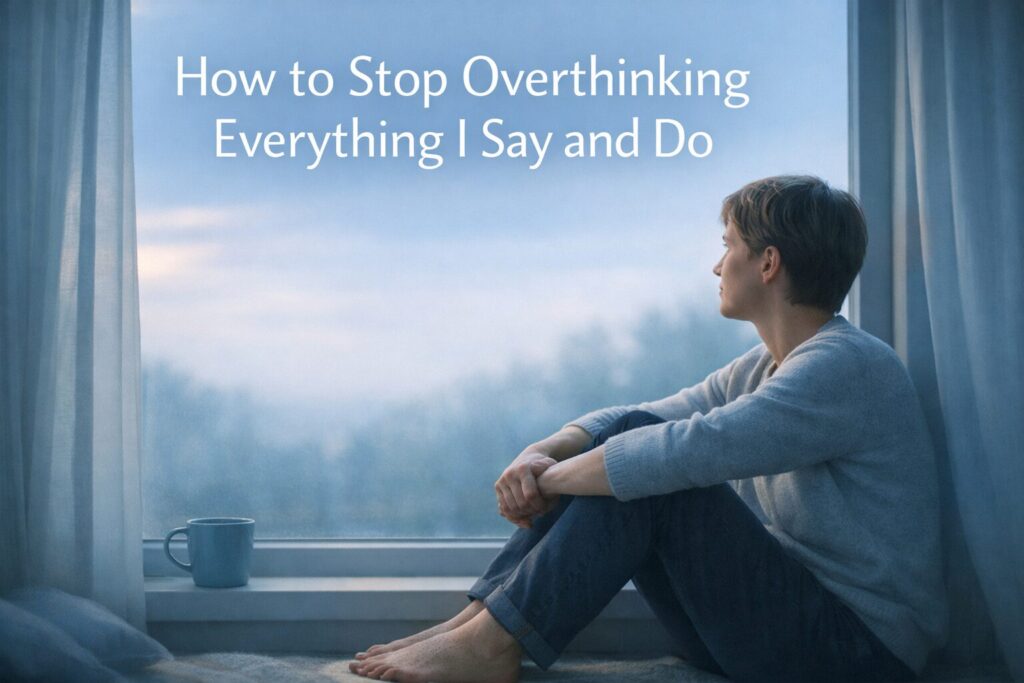 Calm woman sitting by a window in soft blue morning light, reflecting quietly, symbolizing how to stop overthinking everything you say and do.