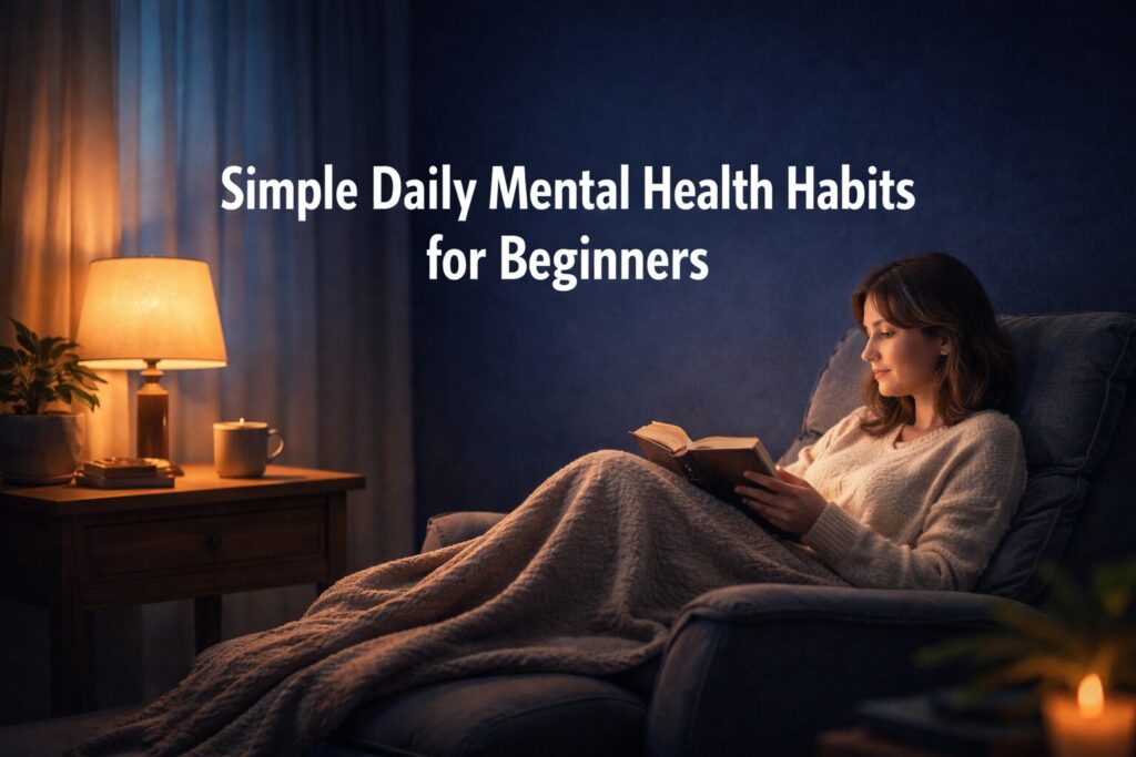 Simple daily mental health habits for beginners shown in a calm evening setting with a person relaxing under soft lighting.