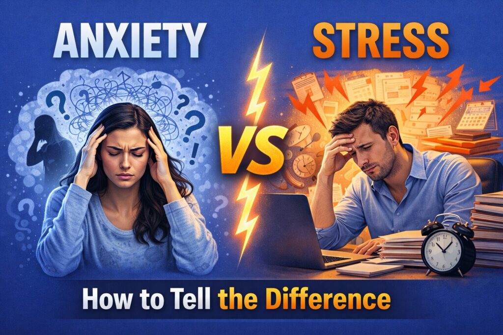 Anxiety vs stress comparison showing emotional anxiety on one side and everyday stress on the other against a solid blue background, explaining how to tell the difference in real life