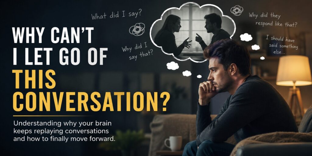 A thoughtful man sits alone in a dim room while replaying a past conversation in his mind, representing overthinking, rumination, and emotional stress.