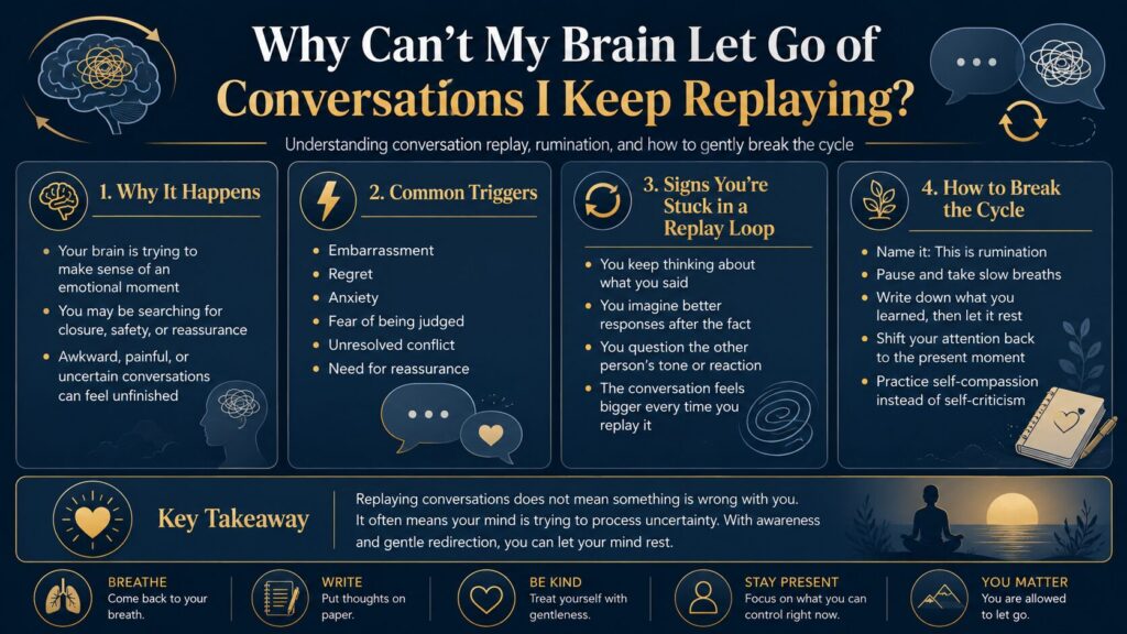 Wide horizontal infographic explaining why the brain keeps replaying conversations, including common triggers, signs of rumination, and simple ways to break the cycle.