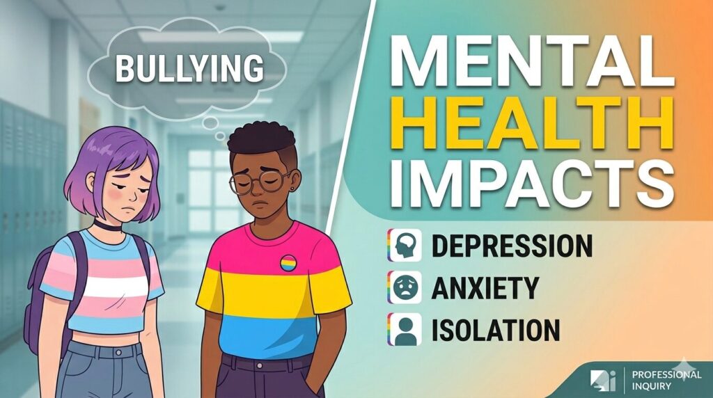 Illustrated thumbnail showing two LGBTQ+ teenagers in a school hallway with text highlighting bullying and mental health impacts such as depression, anxiety, and isolation.
