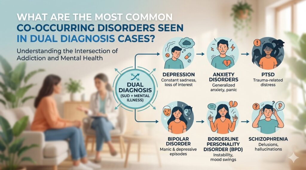 Infographic showing common co-occurring disorders in dual diagnosis cases, including depression, anxiety, PTSD, bipolar disorder, BPD, and schizophrenia.