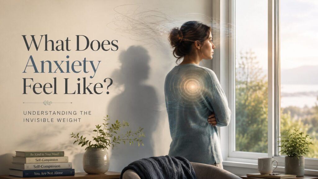 Person standing near a bright window with soft morning light, subtle anxiety symbols around the head and chest, and text reading “What Does Anxiety Feel Like?”