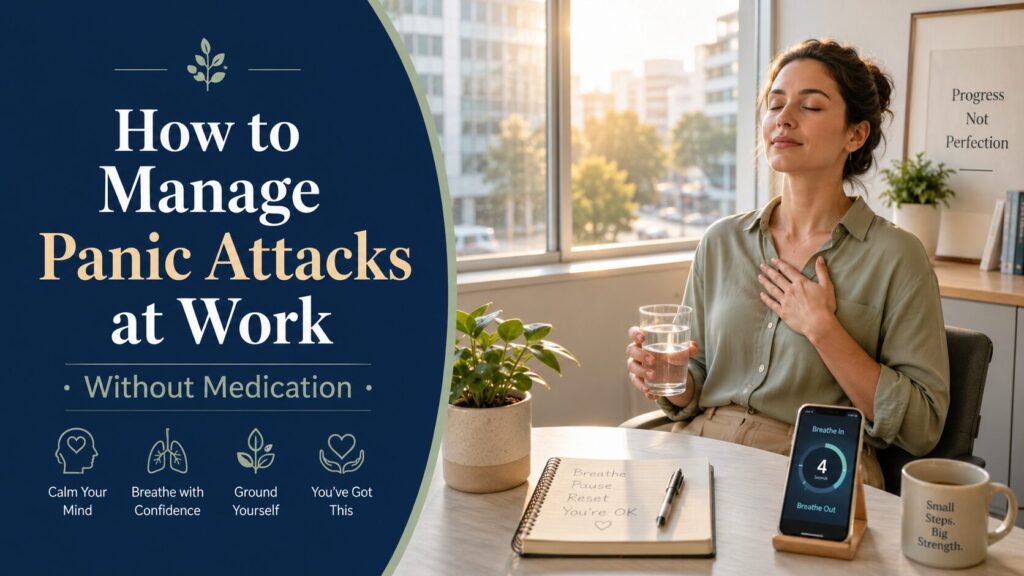 Woman sitting in a calm office space near a window, practicing slow breathing while holding a glass of water, with text reading “How to Manage Panic Attacks at Work Without Medication.”