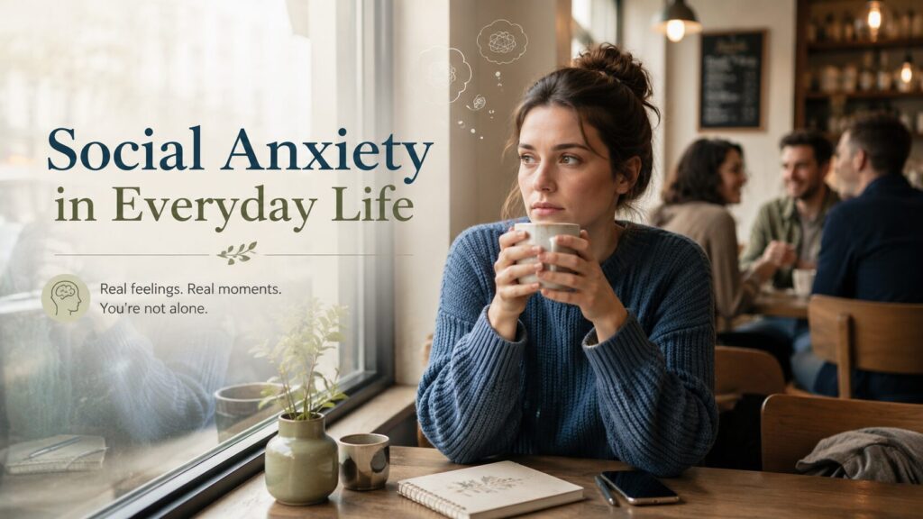 Person sitting alone near a coffee shop window holding a cup, looking thoughtful and slightly anxious while blurred people talk in the background, representing social anxiety in everyday life.