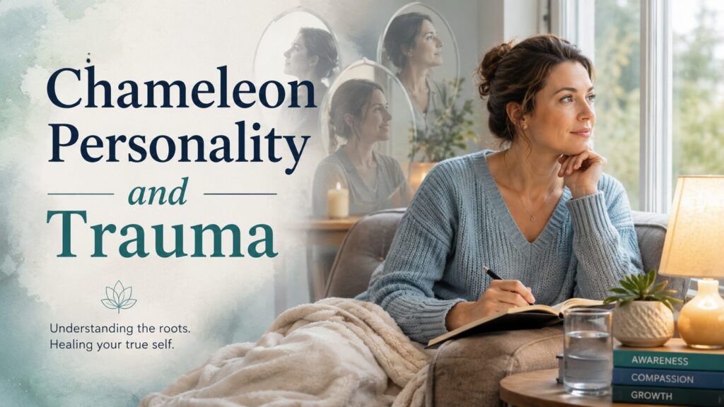 Thoughtful person sitting by a window and writing in a journal, with soft mirror reflections in the background symbolizing chameleon personality, trauma awareness, self-reflection, and identity healing.