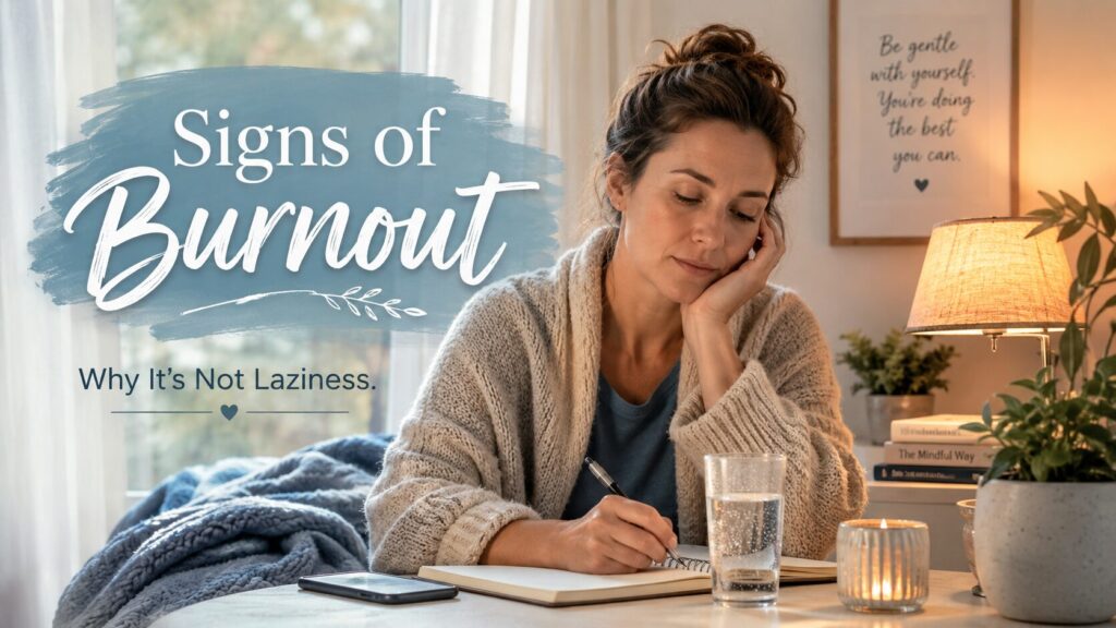 Tired adult sitting at a desk with a laptop, notebook, glass of water, and warm lamp, reflecting on three signs of burnout and emotional exhaustion.