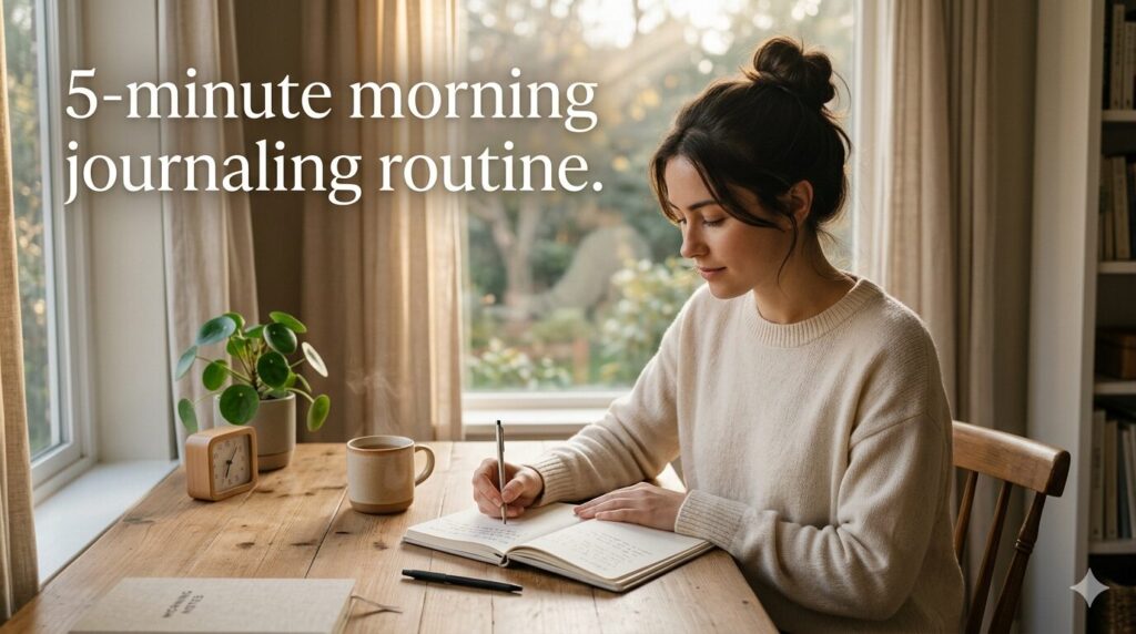 ​A woman sits at a tidy wooden desk by a window in the soft morning sunlight, writing in a journal next to a steaming mug, creating a peaceful scene of quiet reflection.