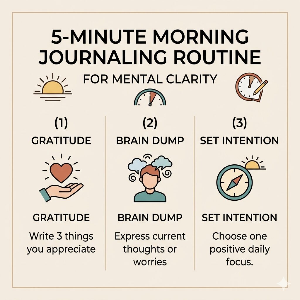 ​A split-screen thumbnail shows a chaotic bedroom on the left and a calm woman journaling on the right, with text that reads "5-MINUTE MORNING JOURNALING ROUTINE FOR MENTAL CLARITY."