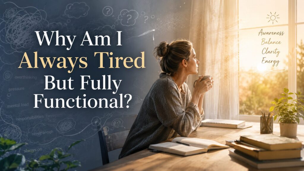 ​A woman experiencing high-functioning burnout sits at a desk looking out a sunlit window. The graphic depicts the contrast between internal mental load, overthinking, and chronic fatigue on the left, and a transition to mental clarity, balance, and energy on the right.