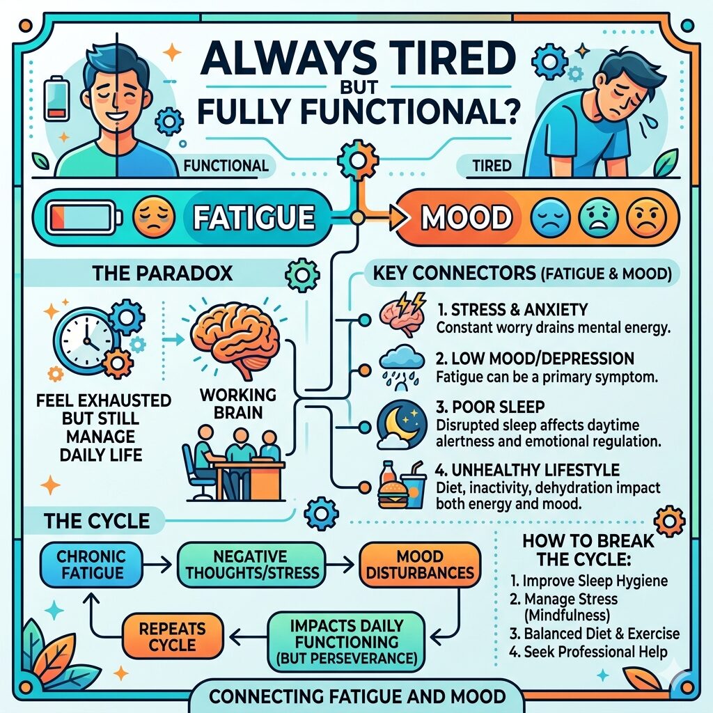 The visual contrasts a smiling, working individual with a tired persona to illustrate "The Paradox" of feeling exhausted while managing daily life. It links Fatigue and Mood through four key connectors: Stress & Anxiety, Low Mood/Depression, Poor Sleep, and an Unhealthy Lifestyle. The bottom section outlines "The Cycle" of chronic fatigue leading to mood disturbances, alongside tips on "How to Break the Cycle" (e.g., sleep hygiene, stress management, balanced diet, and seeking professional help).