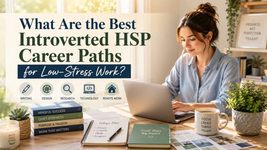 Introverted professional working peacefully on a laptop in a bright home office with soft morning sunlight, surrounded by notebooks, plants, and creative work materials. The image highlights low-stress career paths for Highly Sensitive Persons (HSPs), including writing, design, research, technology, and remote work, in a calm, organized, and productive environment. Overlay text reads: "What Are the Best Introverted HSP Career Paths for Low-Stress Work?"