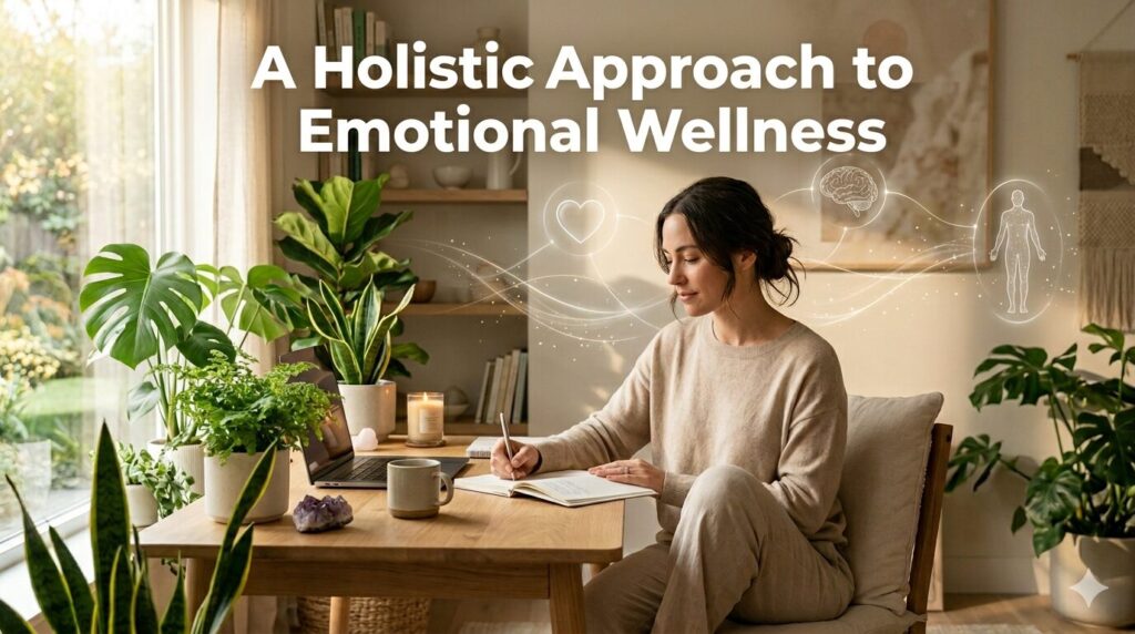 A woman practicing mindfulness journaling at a sunlit home workspace with plants, featuring a large overlay text that reads "A Holistic Approach to Emotional Wellness" alongside subtle light icons of a connected heart, brain, and body.