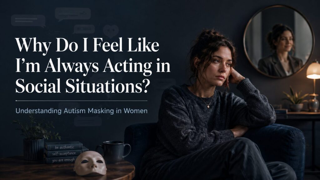 A reflective woman sits alone in a dark, softly lit room, appearing emotionally tired after social interaction, with a faint theatrical mask on a nearby table and a mirror reflecting a more composed version of herself, alongside the text “Why Do I Feel Like I’m Always Acting in Social Situations? Understanding Autism Masking in Women.”