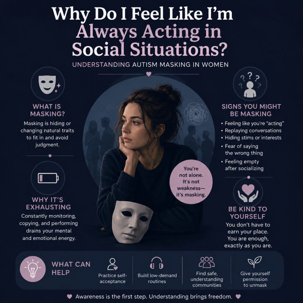 Square infographic about autism masking in women showing a reflective woman with a mask on a dark navy background, highlighting signs like feeling like you are acting, replaying conversations, hiding stims, social exhaustion, and self-acceptance tips.