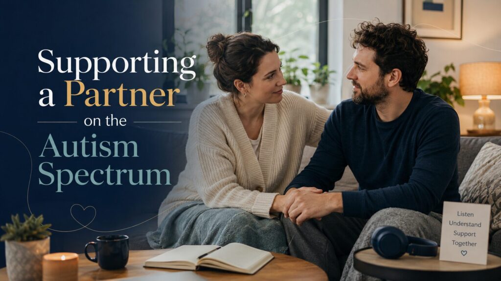 Supportive couple sitting together in a calm living room with soft natural light, headphones, notebook, plants, and overlay text about supporting a partner on the autism spectrum.