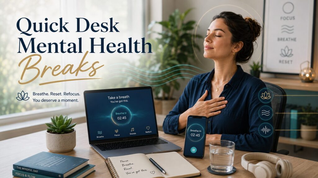 Adult taking a calm desk mental health break with a laptop wellness app, phone breathing timer, notebook, water glass, headphones, and plant in a peaceful workspace.