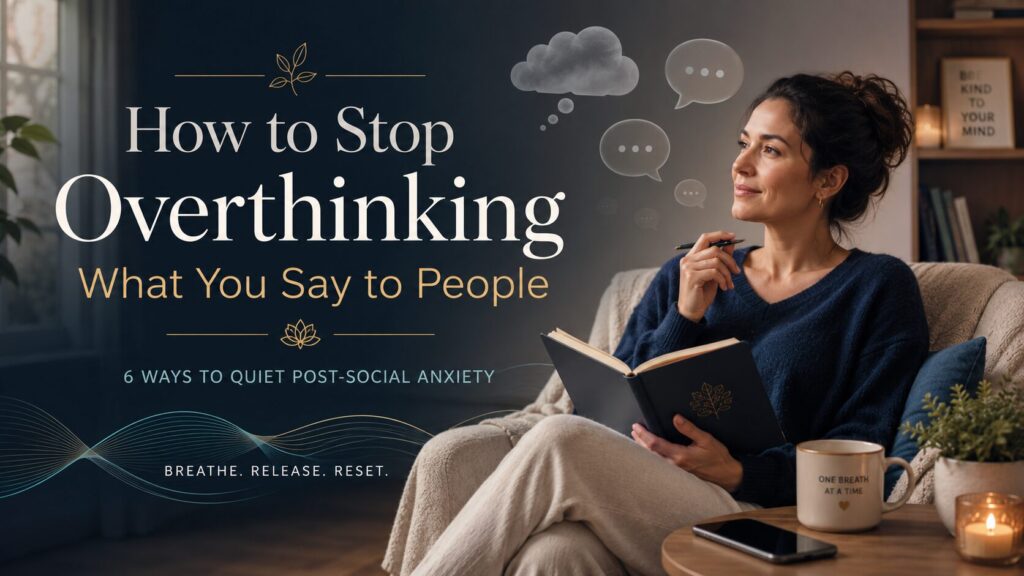Adult sitting calmly in a cozy room with a journal, warm drink, phone face down, fading speech bubbles, and calming wave graphics for an article about how to stop overthinking what you say to people.