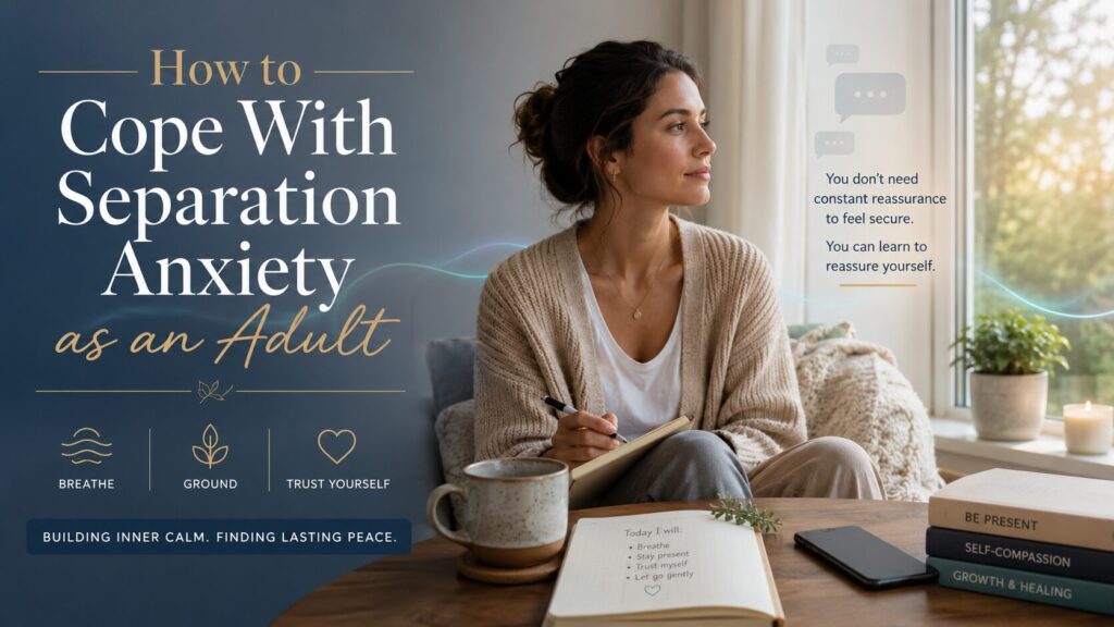 Calm adult sitting near a window with a journal, tea, and phone face down, reflecting on how to cope with separation anxiety without constant reassurance.