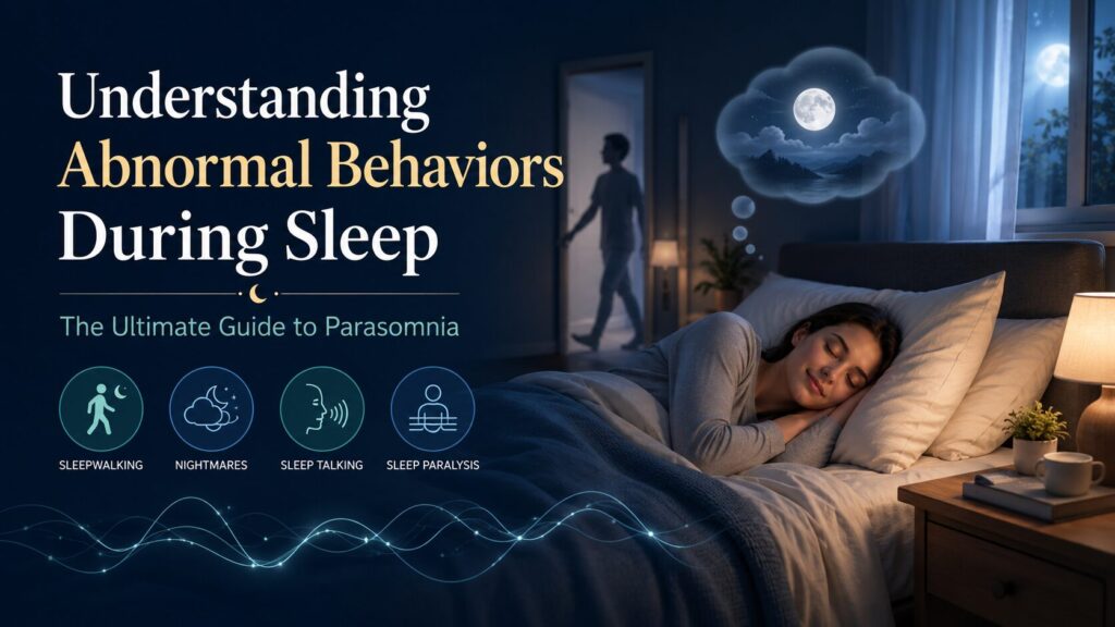 Peaceful bedroom scene at night with an adult sleeping safely, a faint sleepwalking silhouette, dream bubbles, sleep-wave graphics, and parasomnia icons for sleepwalking, nightmares, sleep talking, and sleep paralysis.