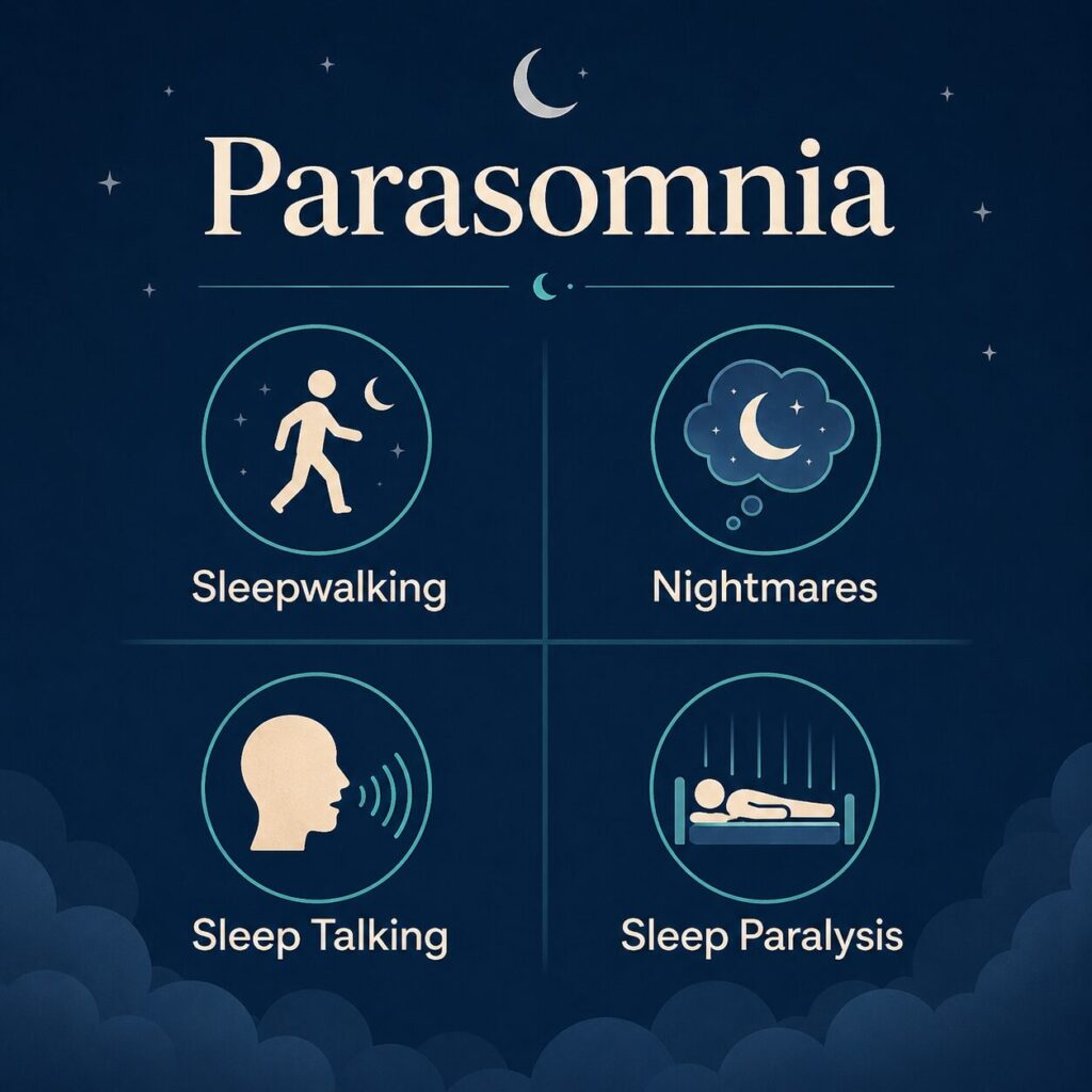 Parasomnia infographic showing four common sleep behaviors: sleepwalking, nightmares, sleep talking, and sleep paralysis, displayed with simple moon-themed icons on a navy blue background.