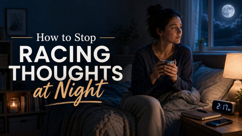A tired adult sits on the edge of a bed at night holding a cup, with moonlight through the window, a warm bedside lamp, a journal, a phone face down, and overlay text that says “How to Stop Racing Thoughts at Night.”