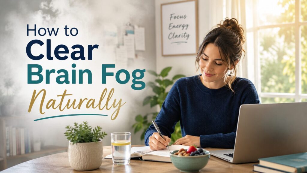 Woman writing in a notebook beside a laptop, water, healthy snack, and plant in a calm home office with text reading “How to Clear Brain Fog Naturally.”