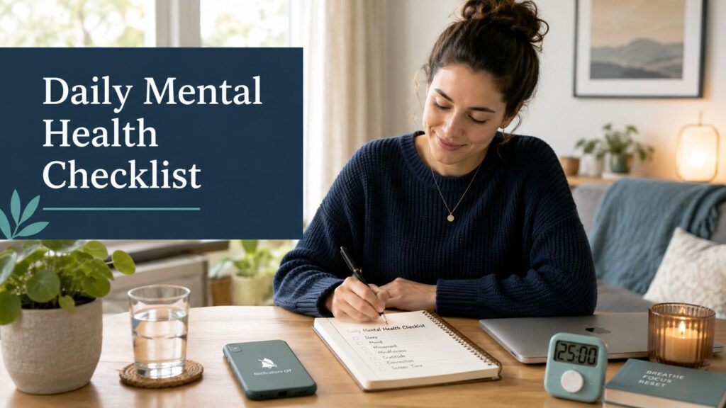 Calming featured image of an adult writing in a daily mental health checklist notebook beside a phone with notifications off, a closed laptop, timer, water, plant, and warm natural light for digital detoxing.