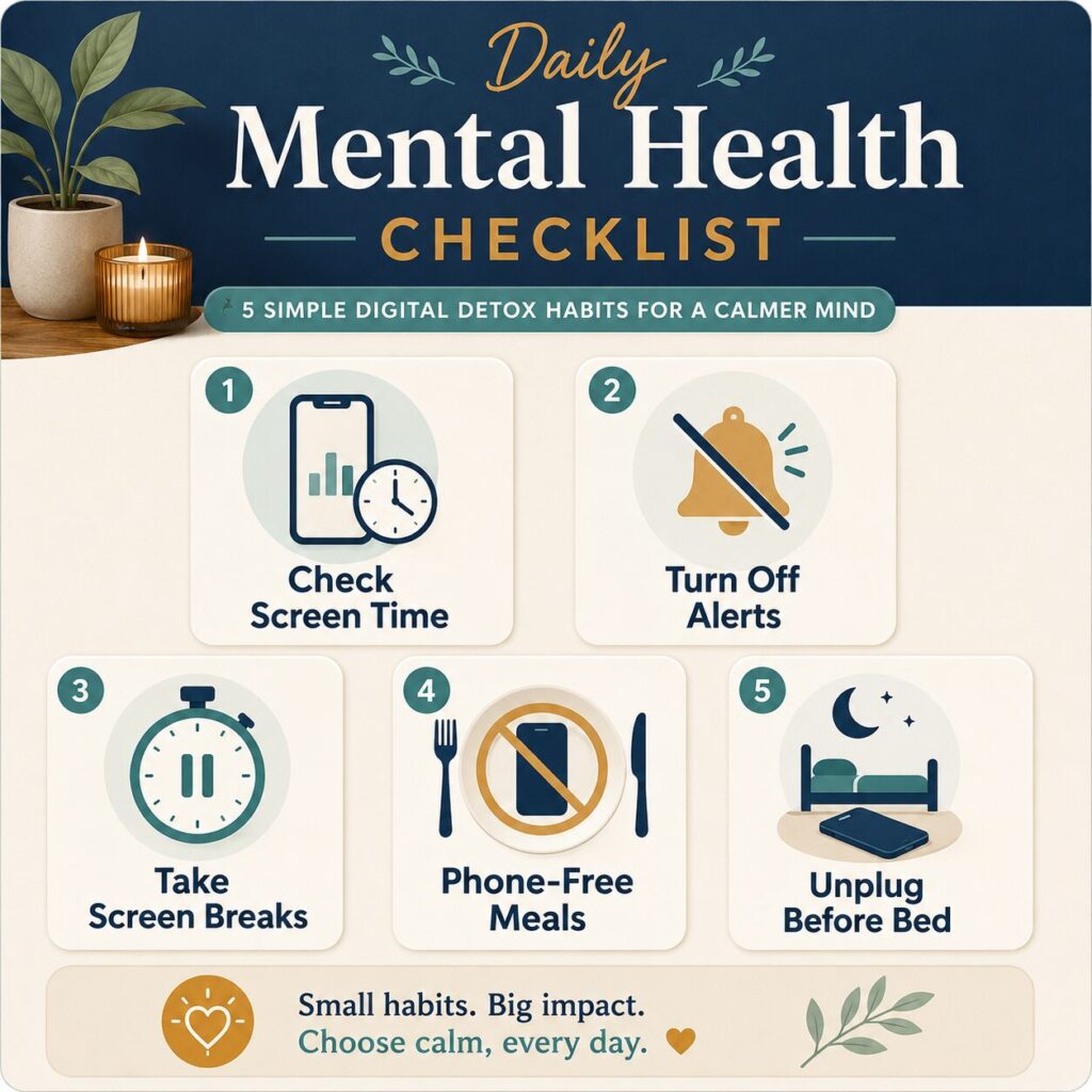 Square infographic titled “Daily Mental Health Checklist” showing five digital detox habits: check screen time, turn off alerts, take screen breaks, enjoy phone-free meals, and unplug before bed.