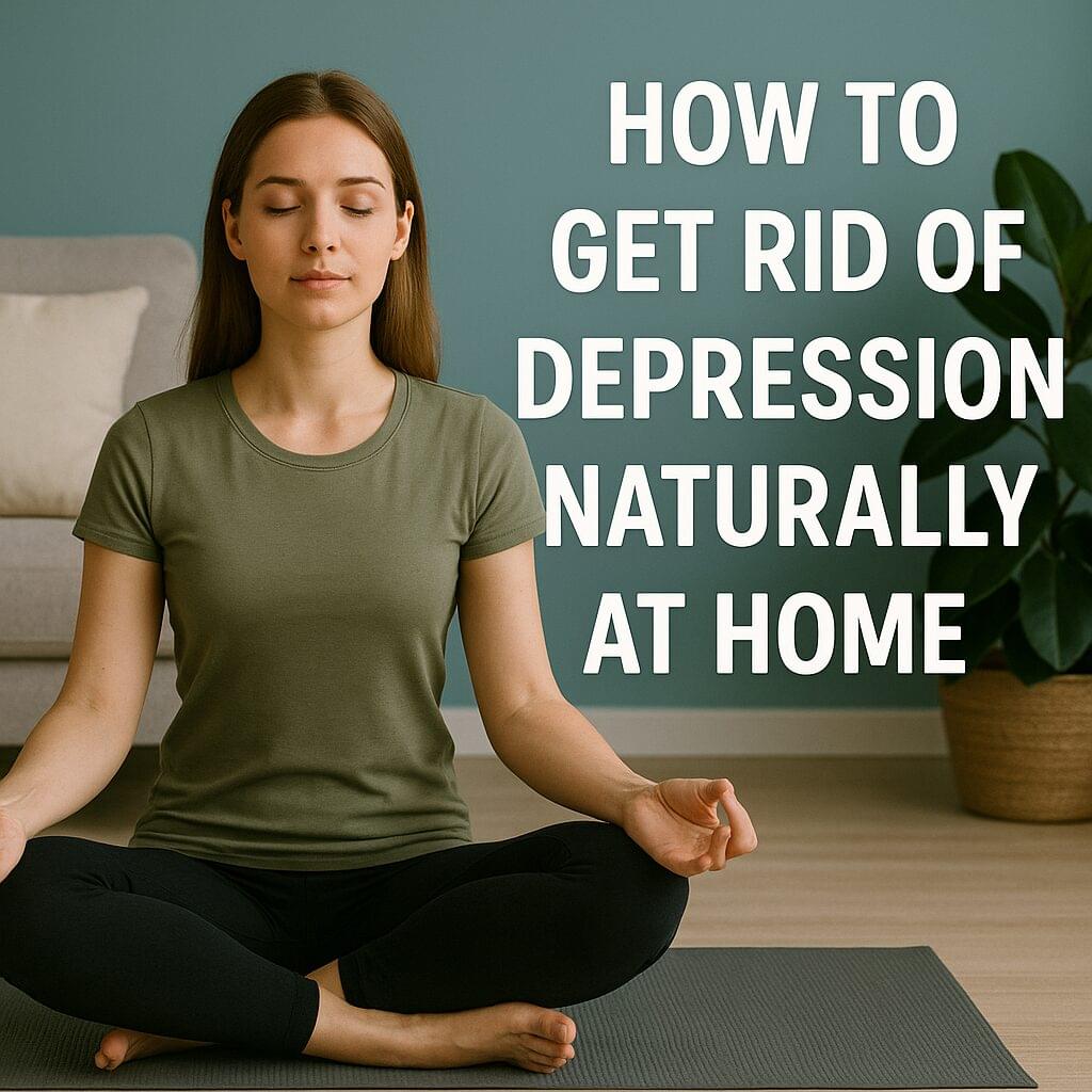 A young woman meditating on a yoga mat in a peaceful living room with natural sunlight, green plants, and calm teal walls, symbolizing natural ways to get rid of depression at home.