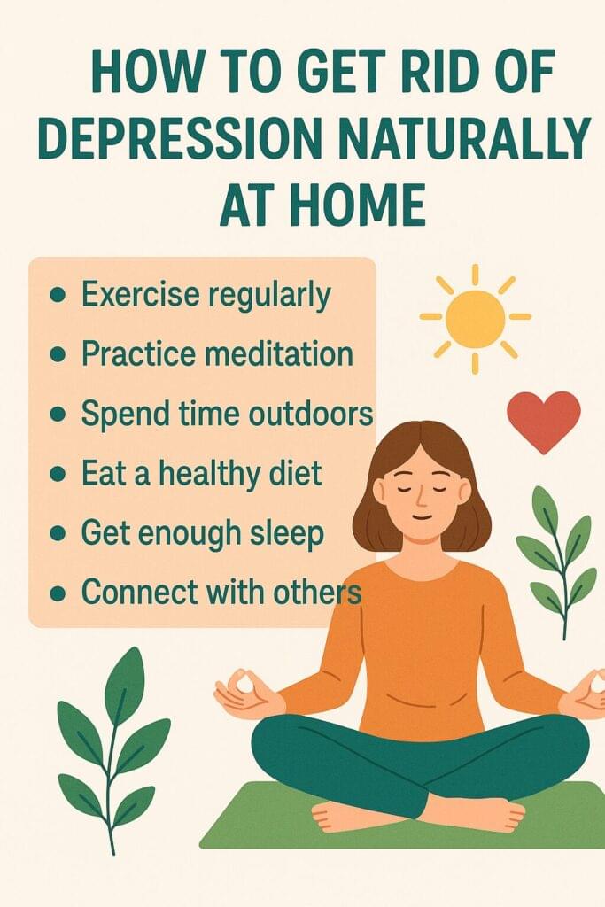 Infographic titled ‘How to Get Rid of Depression Naturally at Home’ showing a calm woman meditating with icons of the sun, heart, and plants, and a list of tips including exercise, meditation, spending time outdoors, healthy eating, sleep, and social connection.