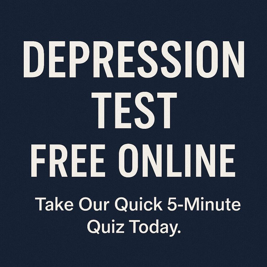 Navy blue banner with white text reading “Depression Test Free Online – Take Our Quick 5-Minute Quiz Today,” promoting a free online depression quiz with a calm and professional design.