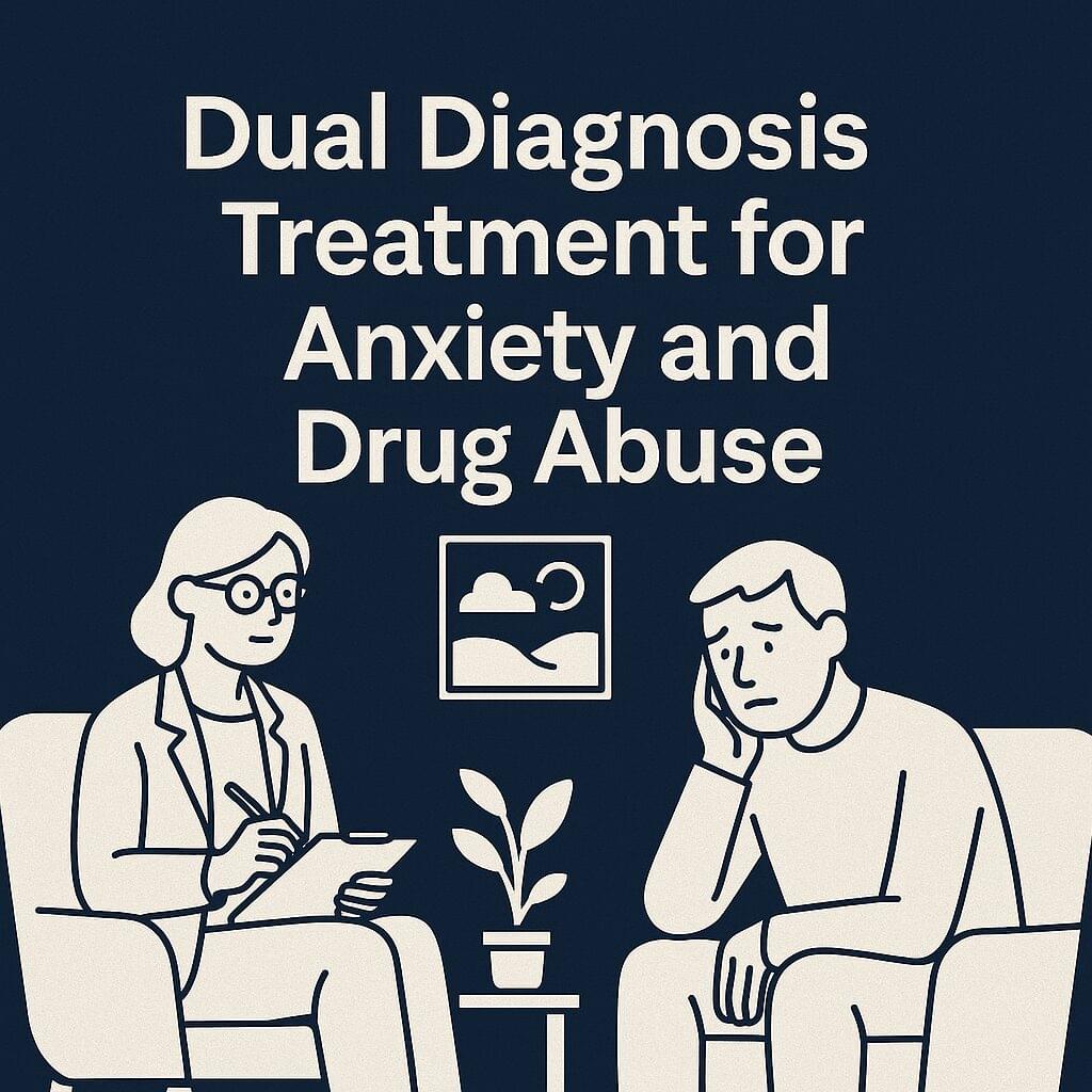 Therapist helping a patient during a counseling session focused on dual diagnosis treatment for anxiety and drug abuse, with a mental health theme and navy blue background.
