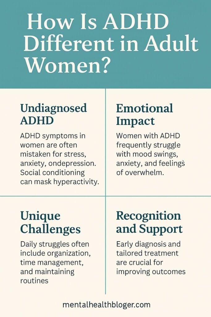 “How Is ADHD Different in Adult Women?” showing four sections that explain undiagnosed ADHD, emotional impact, unique challenges, and the importance of recognition and support, with a teal and cream color scheme representing mental health awareness.