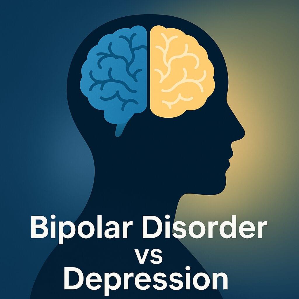 illustration of a human silhouette with a divided brain, one half glowing blue for depression and the other gold for bipolar disorder, with the text “Bipolar Disorder vs Depression” on a navy blue background