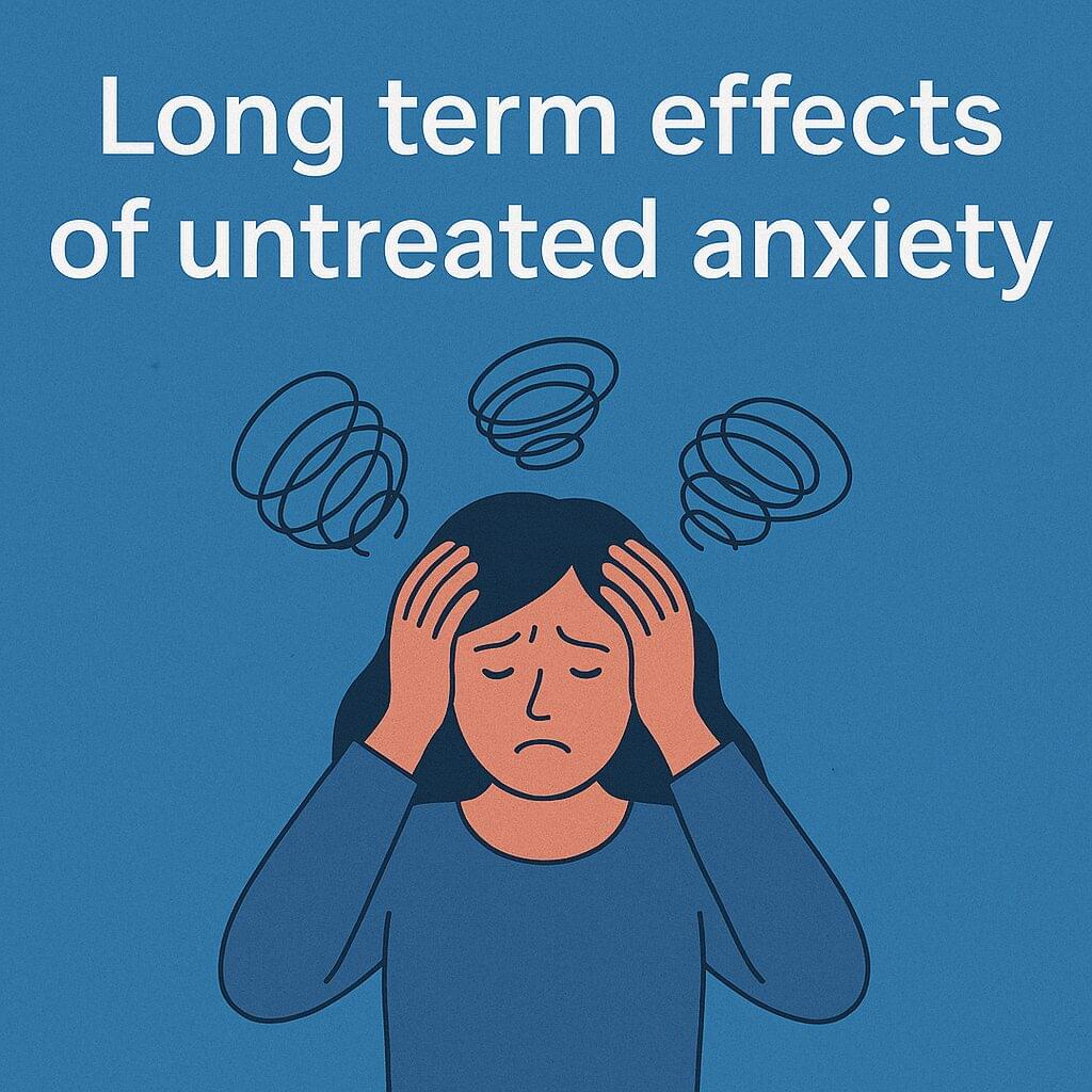 A woman holds her head in distress with swirling lines above her to symbolize anxiety, set against a calming blue background with white text that reads “Long term effects of untreated anxiety.” The image represents mental health struggles and the emotional impact of untreated anxiety.