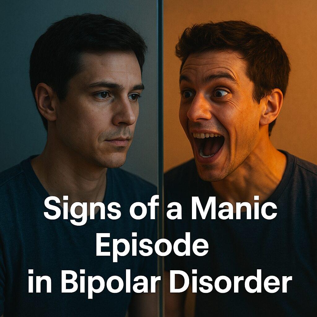 A man looks at his reflection in a mirror showing two contrasting emotions, one side calm and focused under blue light, the other excited and anxious under golden light, with bold white text reading “Signs of a Manic Episode in Bipolar Disorder.” The image symbolizes emotional contrast and mental health awareness.